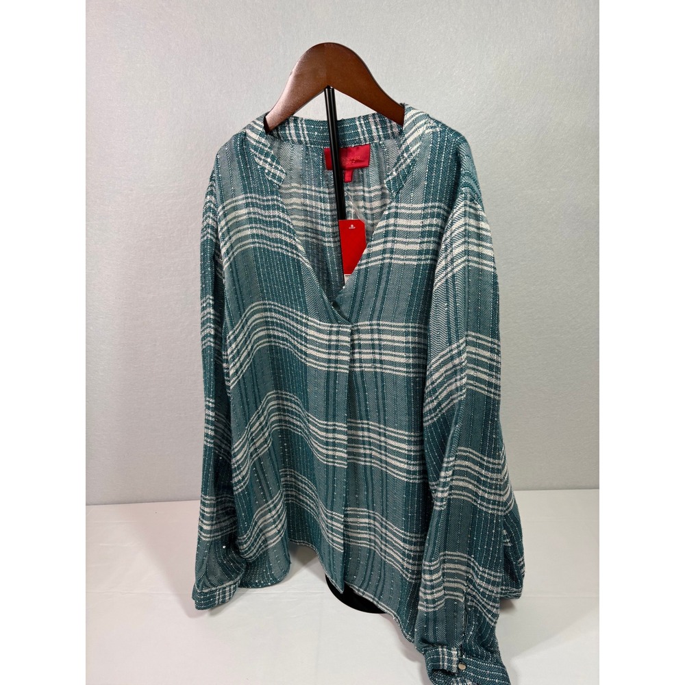 Jennifer Lopez Green Plaid Sequin Blouse XXL Long Sleeve V-Neck Top NWT